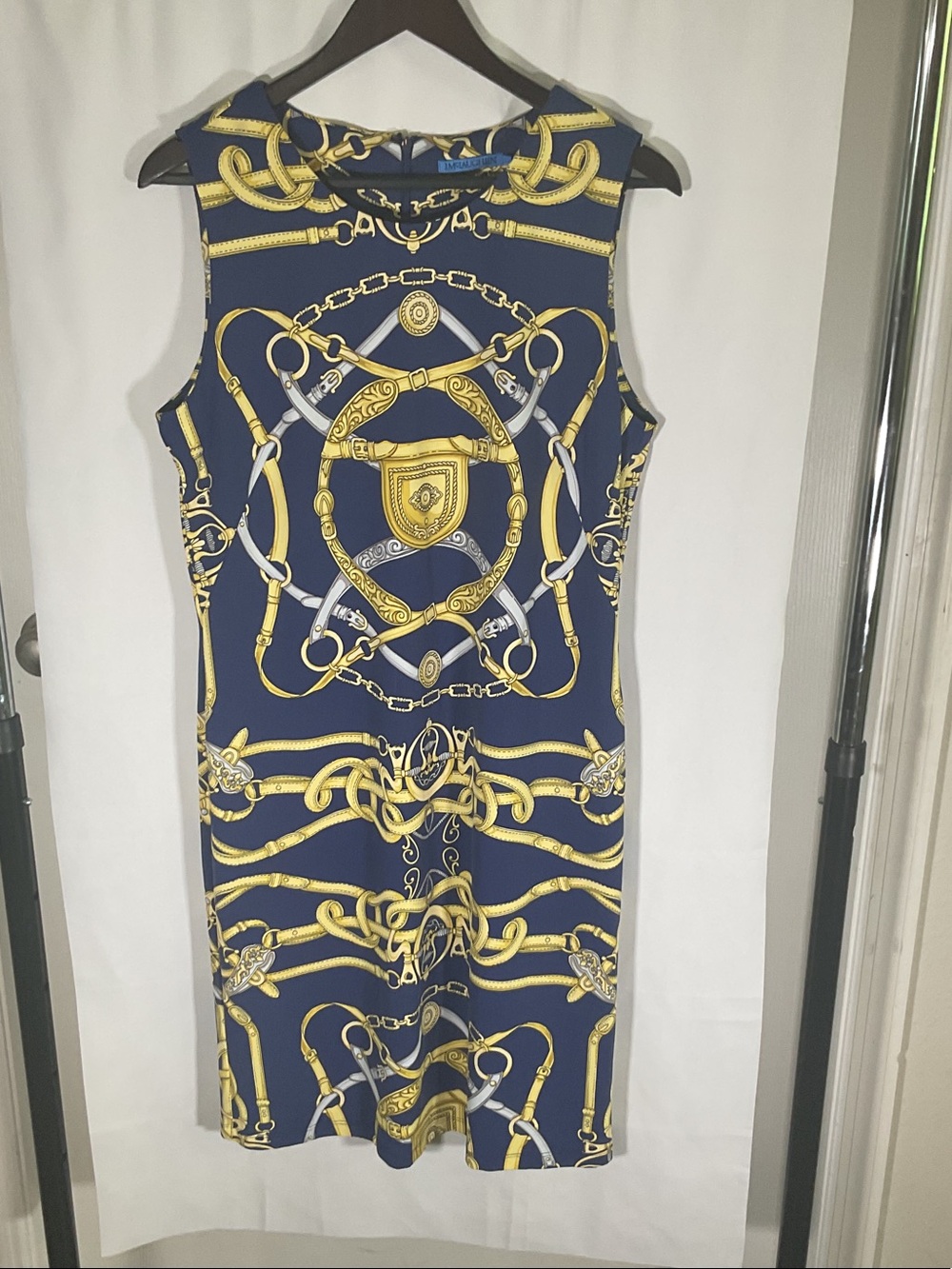 J. McLaughlin Navy & Gold Chain-Print Sleeveless Sheath Dress